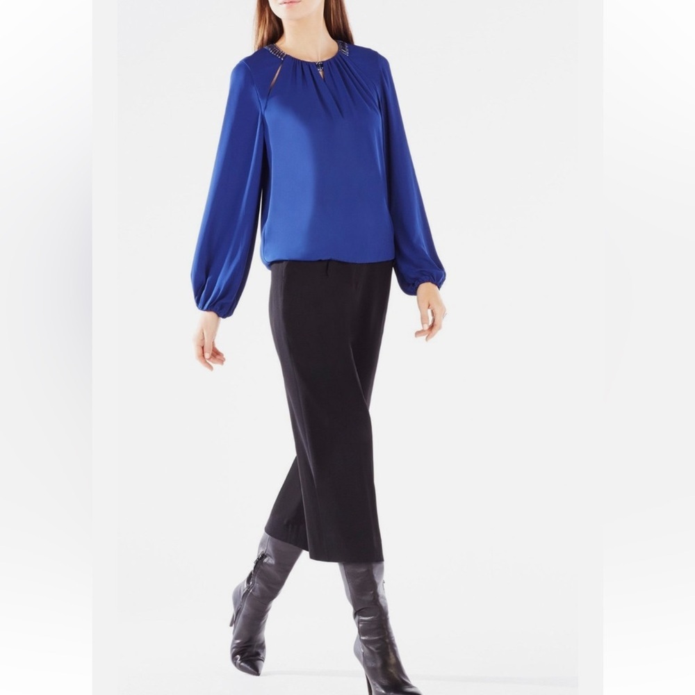 BCBGMAXAZRIA DEEP ROYAL BLUE KAELYN GEMSTONE EMBELLISHED WRAP TOP SZ XXS - Picture 3 of 16
